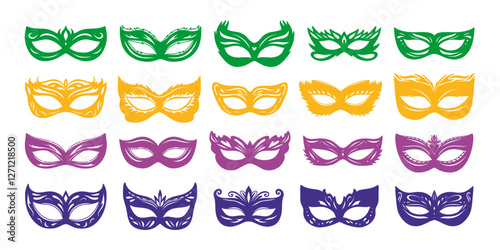 Mardi Gras Carnival masks silhouettes. Simple colorful icons of masquerade masks, for party, parade and carnival, for Mardi Gras and Halloween. Green, yellow and purple traditional Mask elements.