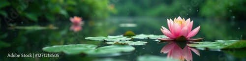 Rain falls onto a still pond with water lilies and leaves, leaves, serene