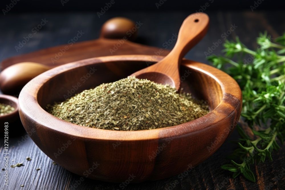 Zaatar in wooden bowl with top view and copy space Zaatar in wooden bowl with top view and copy space