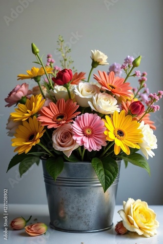 A mix of fresh colorful flowers in a large metal bucket, nature, arrangements, flowers