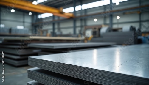 Galvanized metal sheets in industrial warehouse. Aluminum, steel plates stacked for manufacturing. Metalwork factory production, metal industry, metalworking background. Machinery, equipment for