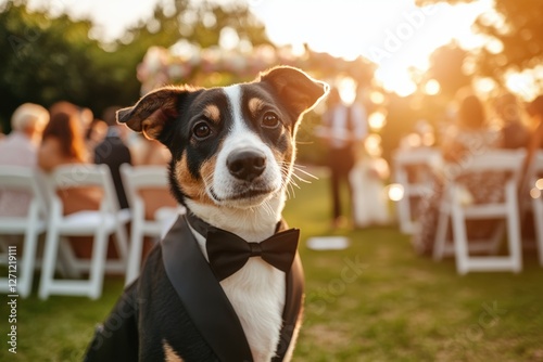 Dog in tuxedo at outdoor wedding ceremony with guests in background