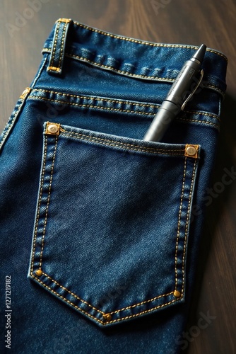 Empty denim pocket with a pen lying on the floor, flat lay, ink