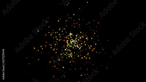 Gold yellow and colorful particles fly in slow motion in the air black background 