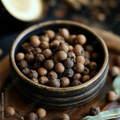 Rustic ceramic bowl filled with allspice berries on wooden surface