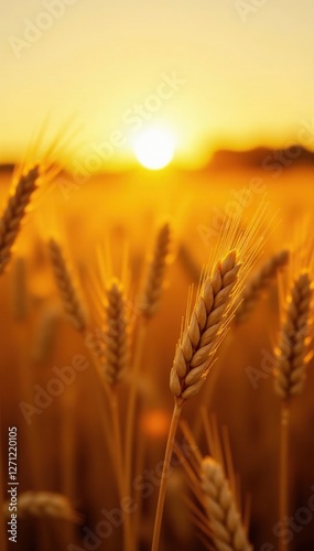 Wheat crop glowing in the warm golden light of sunset, farm, wheat, agriculture