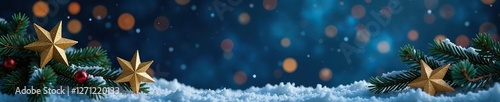Winter wonderland with golden stars and fir branches in a starry night sky, festive decoration, fir branches, starry night sky
