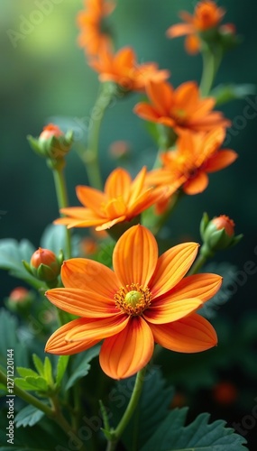 Whimsical orange flowers twirling in a spiral, flowers, playful, orange