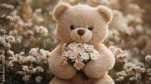 Teddy bear holding a bouquet of flowers in a sunlit meadow filled with daisies