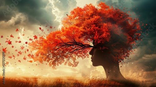 Surreal silhouette of a woman with a vibrant autumn tree for hair against a dramatic sky