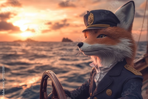 Anthropomorphic fox in naval attire steering boat at sunset photo