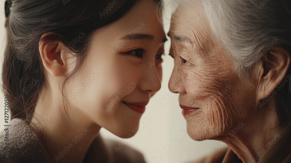 Fototapeta premium Young woman and her elderly mother take care of their skin and look great,Two generations,Beautiful middle aged mother and her adult daughter,skincare and Aging concept,Comparison of young and old.