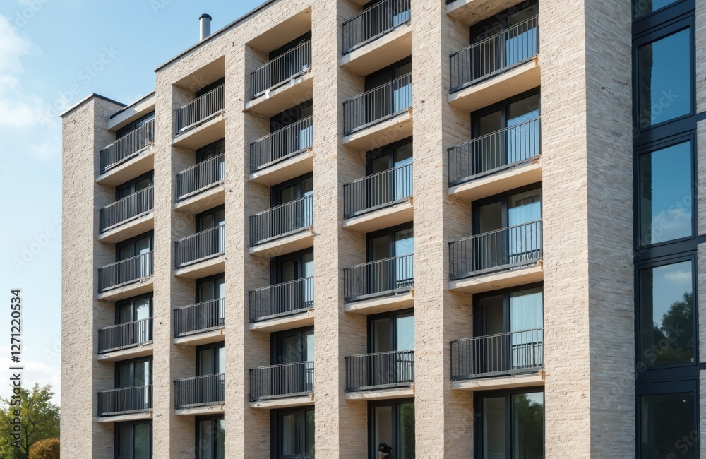 Exterior of modern multistory residential building with balcony. Bricks facade. Thermal insulation, mineral wool, modern panel protect building from heat loss, improving energy efficiency. Passive Exterior of modern multistory residential building with balcony. Bricks facade. Thermal insulation, mineral wool, modern panel protect building from heat loss, improving energy efficiency. Passive