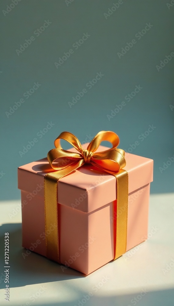 Obraz premium Golden ribbon tied around a rectangular gift box with a bow, wrapped gift, golden ribbon