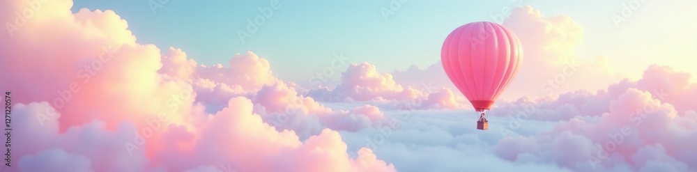 Fototapeta premium Pastel pink hot air balloon soars above a dreamy abstract landscape, scenery, clouds, whimsical