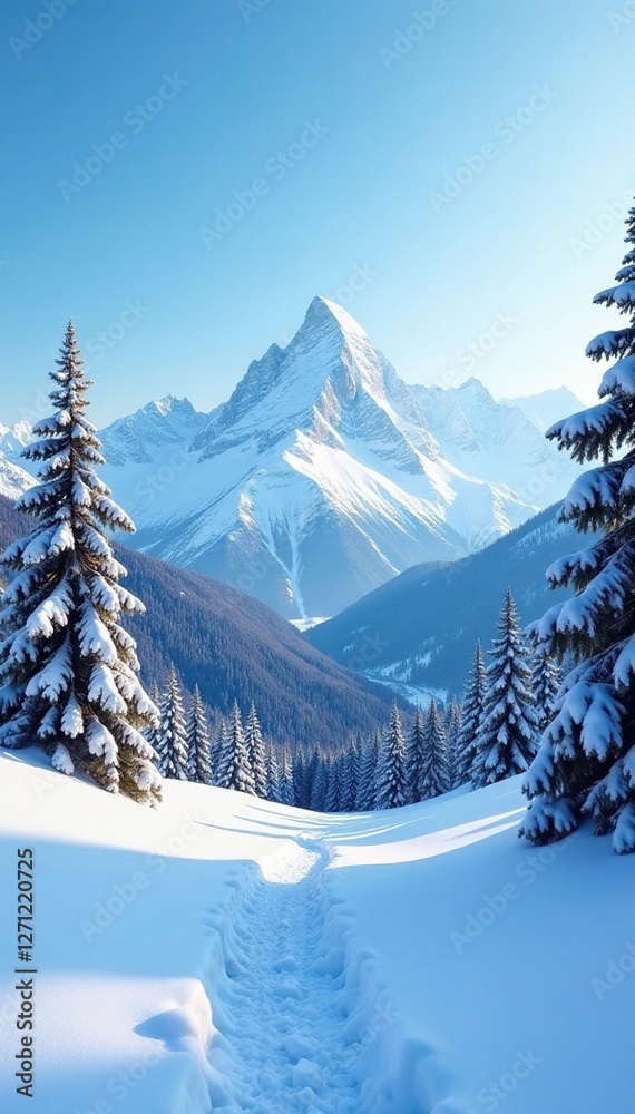 Fototapeta premium Snowy mountain landscape with blue sky and trees, peaceful, cold, snowy