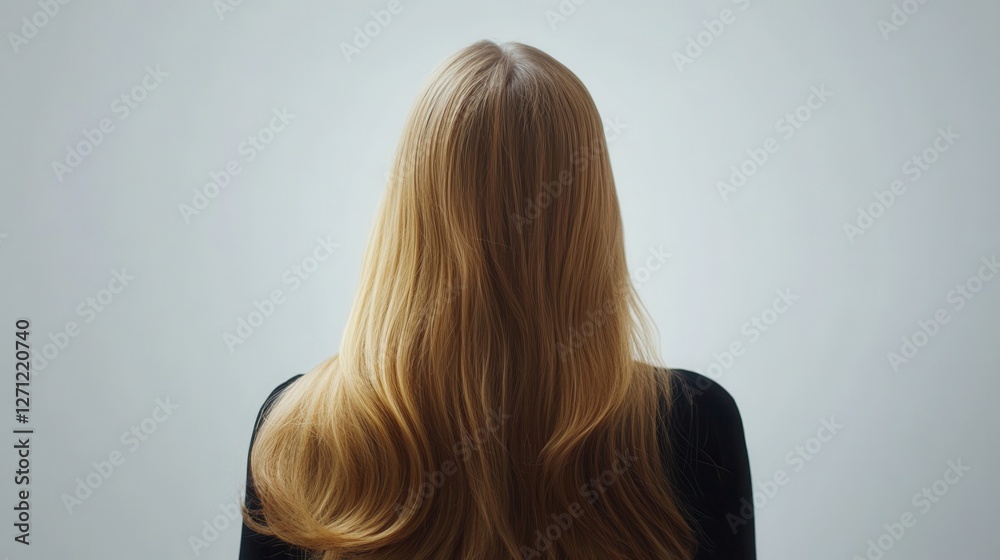 Naklejka premium Beautiful model girl with blond hair strand,silky healthy chestnut wavy hair strand,hair wavy ribbon, with smooth,Keratin straightening,Treatment,straight long hair,procedures,Smooth hairstyle.
