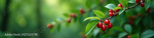 Barberry shrub with dark green leaves and red berries in a forest environment, nature, Chinese barberry, shrub