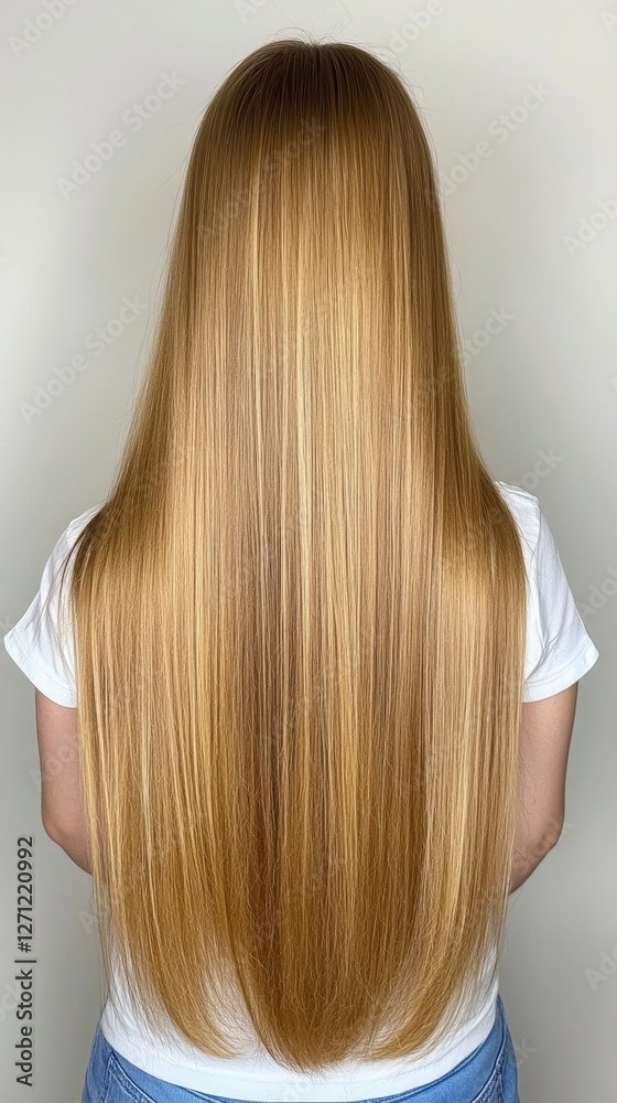 Fototapeta premium Beautiful model girl with blond hair strand,silky healthy chestnut wavy hair strand,hair wavy ribbon, with smooth,Keratin straightening,Treatment,straight long hair,procedures,Smooth hairstyle.