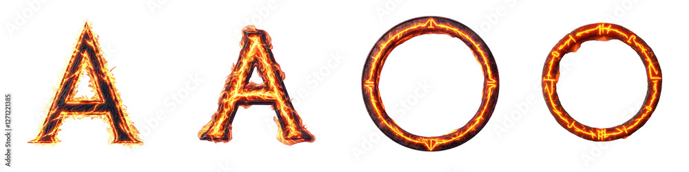Fiery flaming burning letters and rings with glowing energy and light effects  Stylized and abstract fiery hot typography and circular shapes in dynamic and vibrant fire design