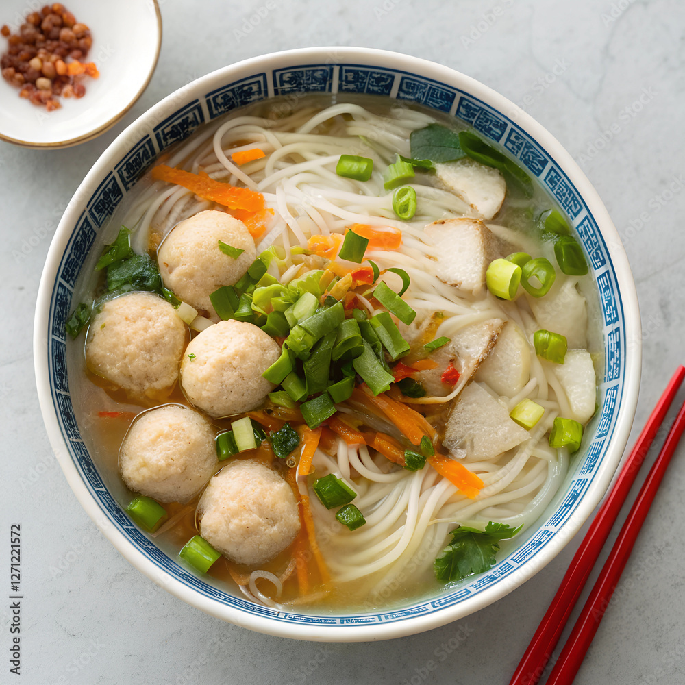 A bowl of soup with noodles, meatballs, and vegetables topped with green onions
A bowl of soup with noodles, meatballs, and vegetables topped with green onions