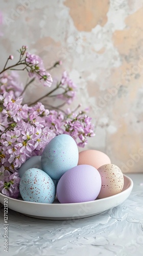 A charming wooden table showcases beautifully decorated Easter eggs in soft pastel colors. Delicate flowers are elegantly arranged nearby, enhancing the festive atmosphere for spring