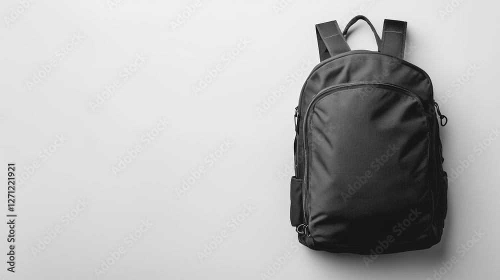 Fototapeta premium Black Backpack on White Background Top View with Generous Copy Space