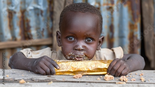 Young child enjoying a snack at a rustic table, with weathered metal background and crumbs