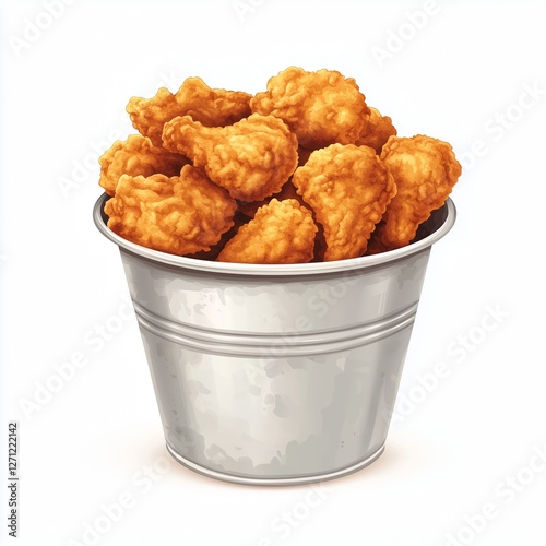 A realistic illustration of a bucket filled with crispy, golden fried chicken on a clean white background.