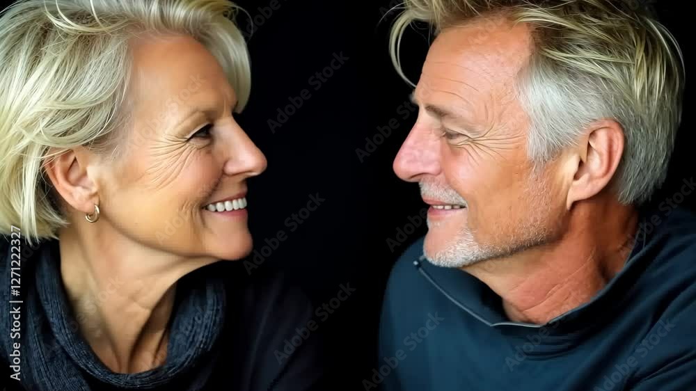 Couple of older people are smiling for the camera. The woman is wearing a scarf and the man is wearing a blue shirt Couple of older people are smiling for the camera. The woman is wearing a scarf and the man is wearing a blue shirt