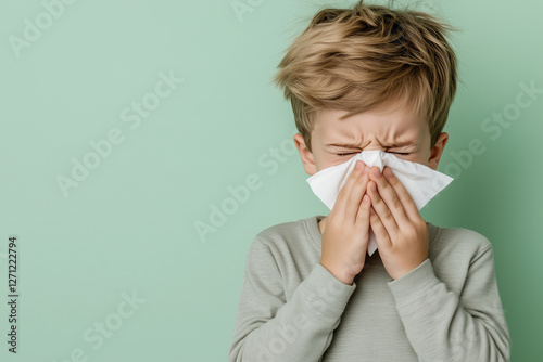 A young boy with tousled hair is crying while holding a tissue to his face, showing discomfort. He stands against a soft green background, conveying emotions of sadness or distress.
