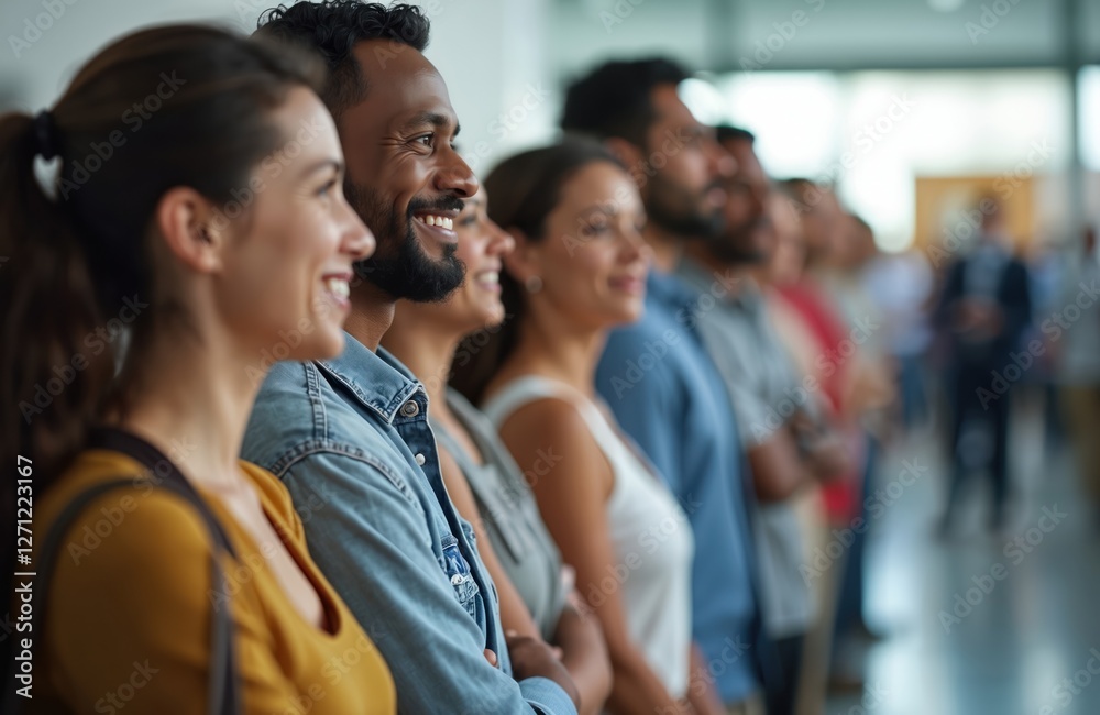 Obraz premium Diverse group of people stand in line, waiting. Smiling hopeful faces, multiracial applicants, economic recovery, employment opportunity, networking, manpower, skills, career perspectives. Background