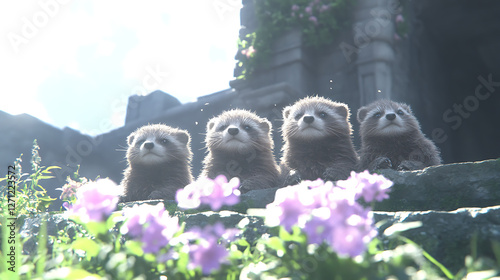 Four Raccoons Peek Over Stone Wall Adorned with Purple Flowers Under Sunny Sky Environment Image