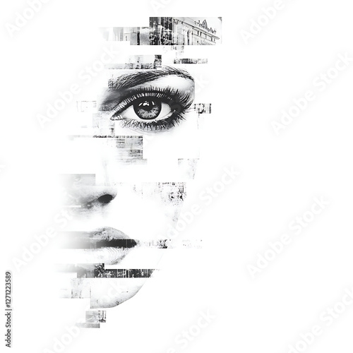 Fragmented Beauty Portrait Exploring Identity and Perception Art Abstract Modern Face Eye Pixelated Effect