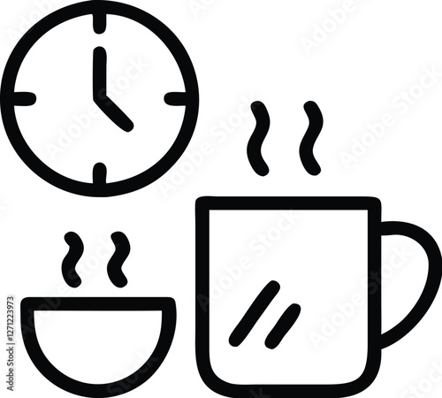 Minimalist icon set, black and white line art, clock face showing 5 o'clock, steaming coffee mug, steaming bowl, simple geometric shapes, clean vector style, flat design, monochrome illustration, time