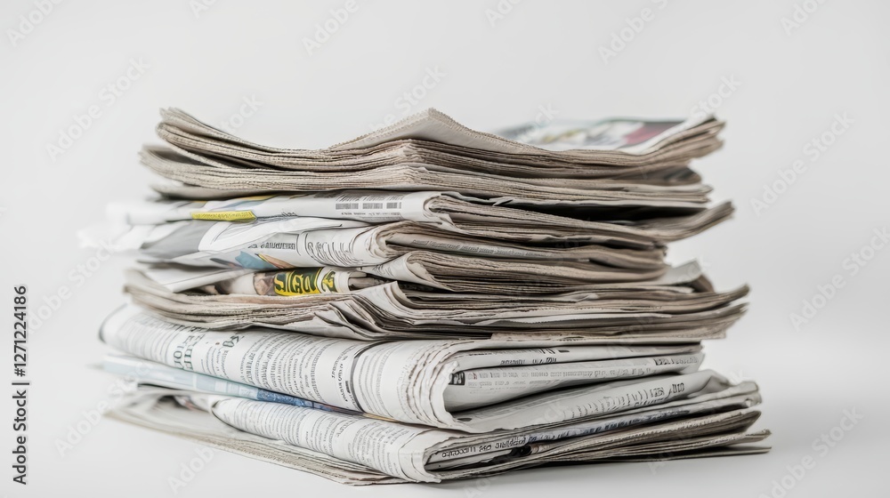 Pile of Newspapers on White Background Symbolizing Information Overload Pile of Newspapers on White Background Symbolizing Information Overload