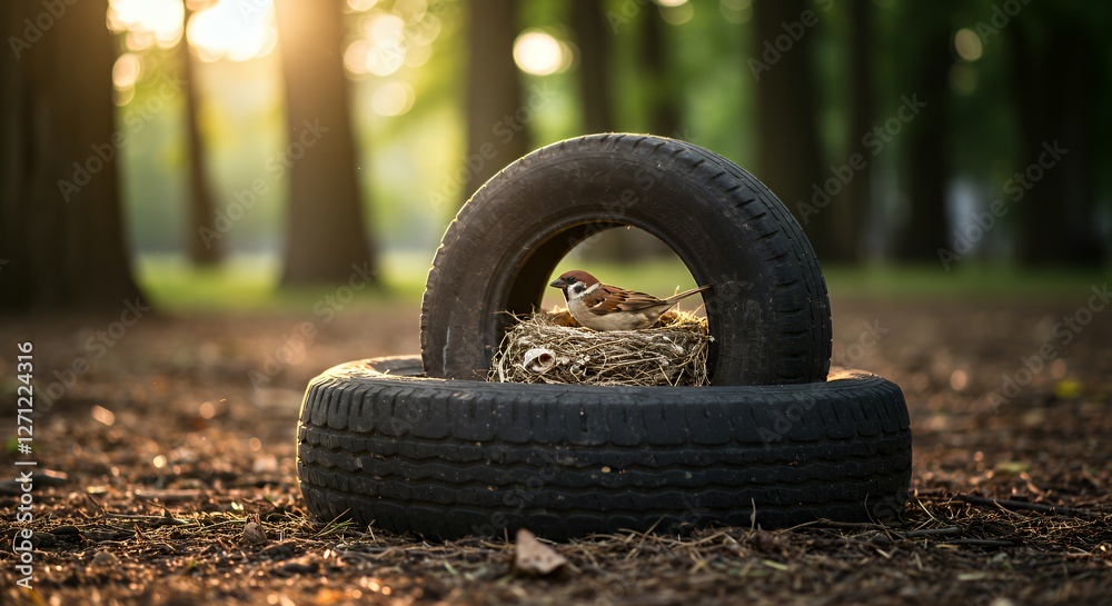 Sparrow Nesting in Tire Birdhouse Recycled in Forest with Sunlight Sparrow Nesting in Tire Birdhouse Recycled in Forest with Sunlight