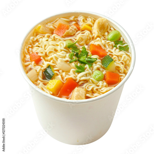 Delicious instant noodles with mixed vegetables in cup, perfect for quick meal. Enjoy savory broth and colorful ingredients for satisfying experience