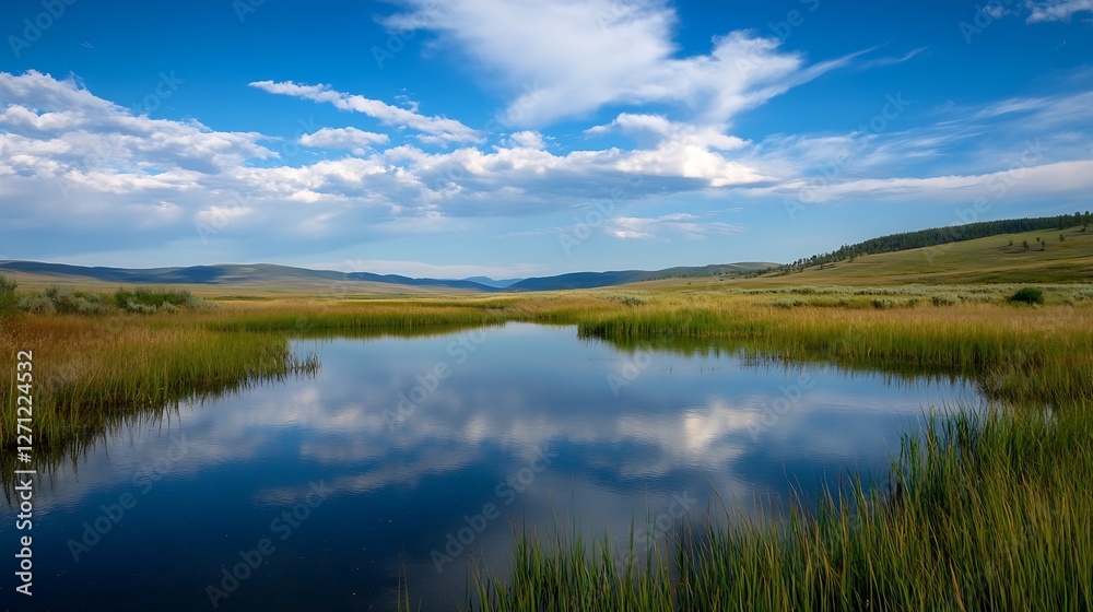 Lush landscape featuring a tranquil water body reflecting the vibrant blue sky and rolling hills : Generative AI Lush landscape featuring a tranquil water body reflecting the vibrant blue sky and rolling hills : Generative AI