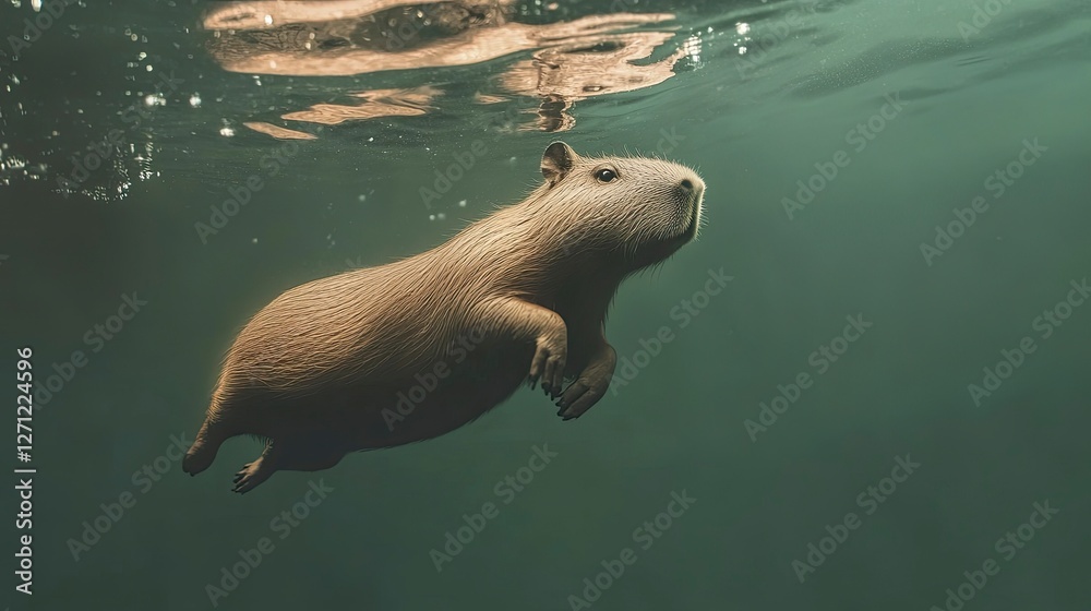 Naklejka premium Capybara swimming under the sea nature animal adventure