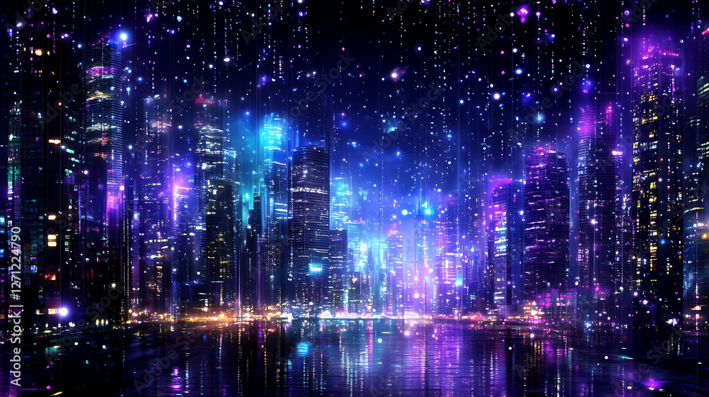Fototapeta premium Futuristic Cityscape with Glowing Buildings and Starry Overlay Dreamlike Night Scene Ambiance