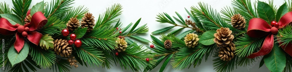 Obraz premium Evergreen and cedar wreath with ribbons and pinecones, pinecones, rustic