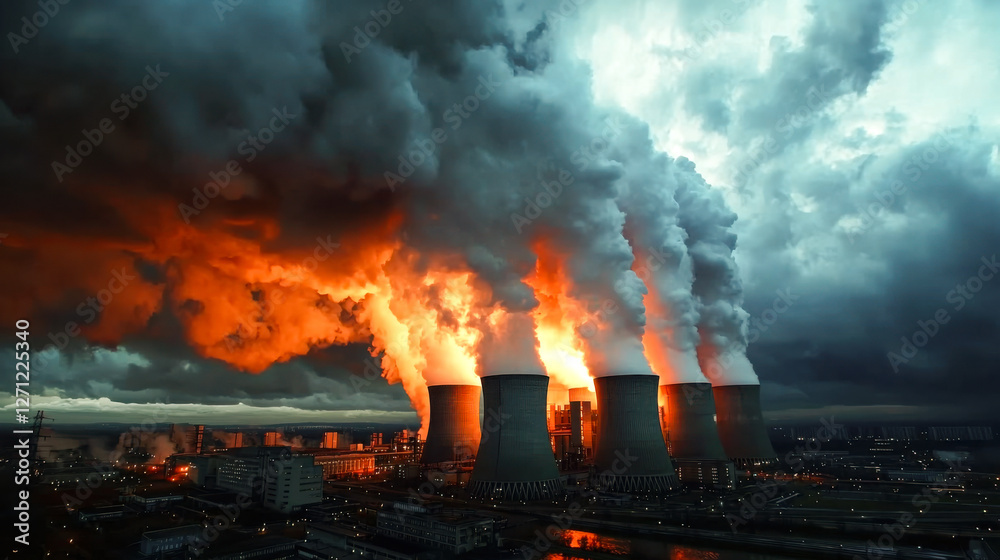 Aerial view of massive nuclear power plant with smoke and steam Aerial view of massive nuclear power plant with smoke and steam