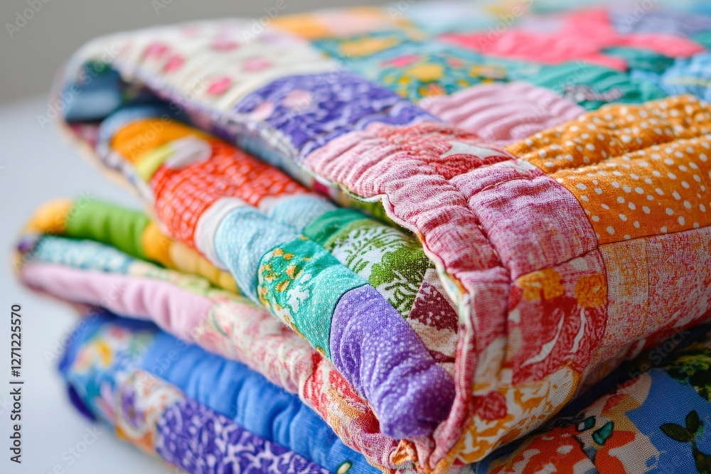 Fototapeta premium Colorful Patchwork Quilt Stacked on Light Background for Cozy Vibe