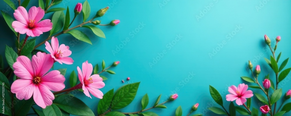 Fototapeta premium Green leaves and pink flowers in a blue background, blue, foliage, floral