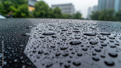 Acid rain climate change idea. Close-up of raindrops on a car surface reflecting the urban environment.