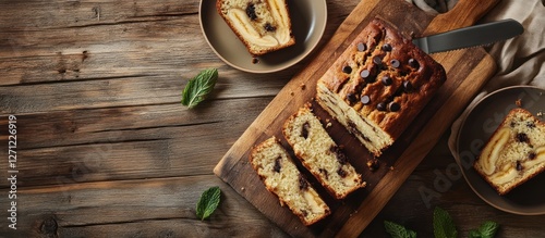 Wallpaper Mural Delicious homemade banana bread with chocolate chips on wooden table Torontodigital.ca