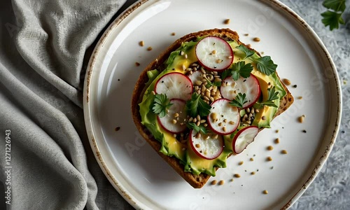 Top View Avocado Toast with Radish and Seeds on Plate with Copyspace