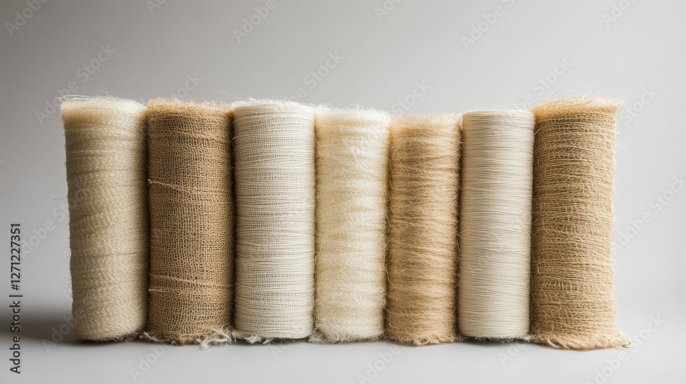 Spools of Natural Fiber Threads in Various Shades on Neutral Background Spools of Natural Fiber Threads in Various Shades on Neutral Background