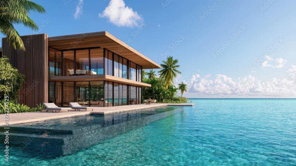 Fototapeta premium A stunning modern villa by the water, featuring large glass windows, a swimming pool, and lush palm trees under a clear blue sky.